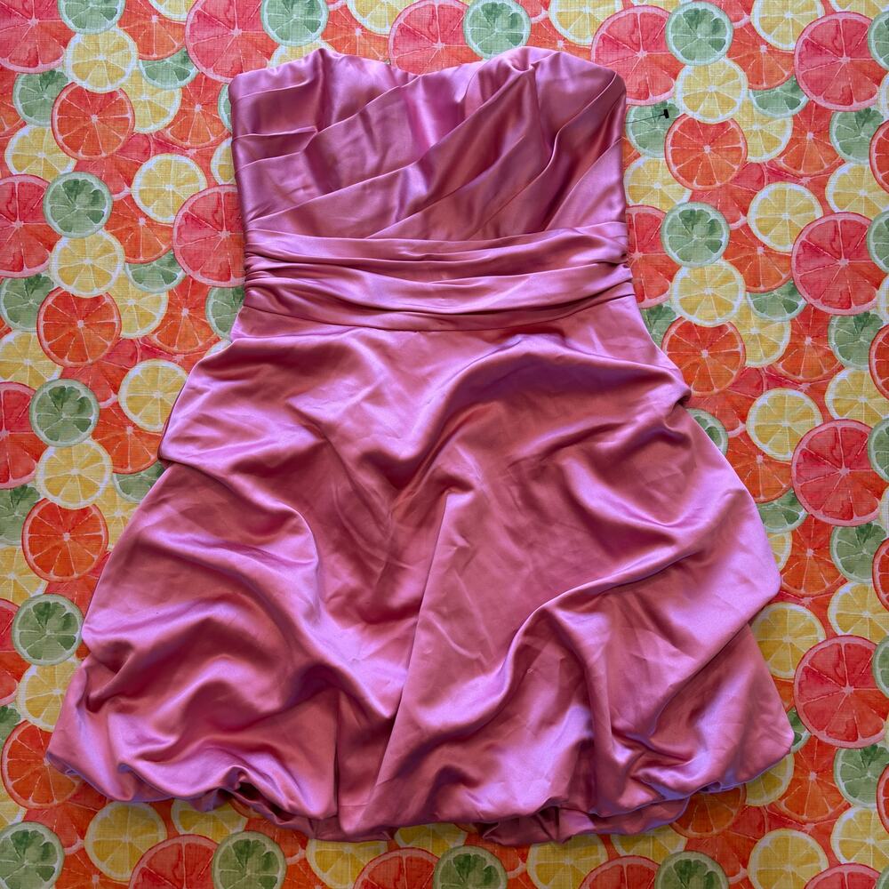 David's Bridal Pink Satin Strapless Ruched Pick Up Bubble Hem Mini Dress Prom 8